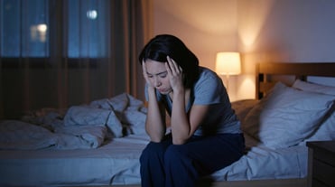 Halbseitenansicht einer Frau, sitzend auf ungemachtem Bett. Sie hält mit beiden Händen den Kopf, Blick nach unten. Hinter ihr Nachttischlampe, Fenster, Dunkelheit.