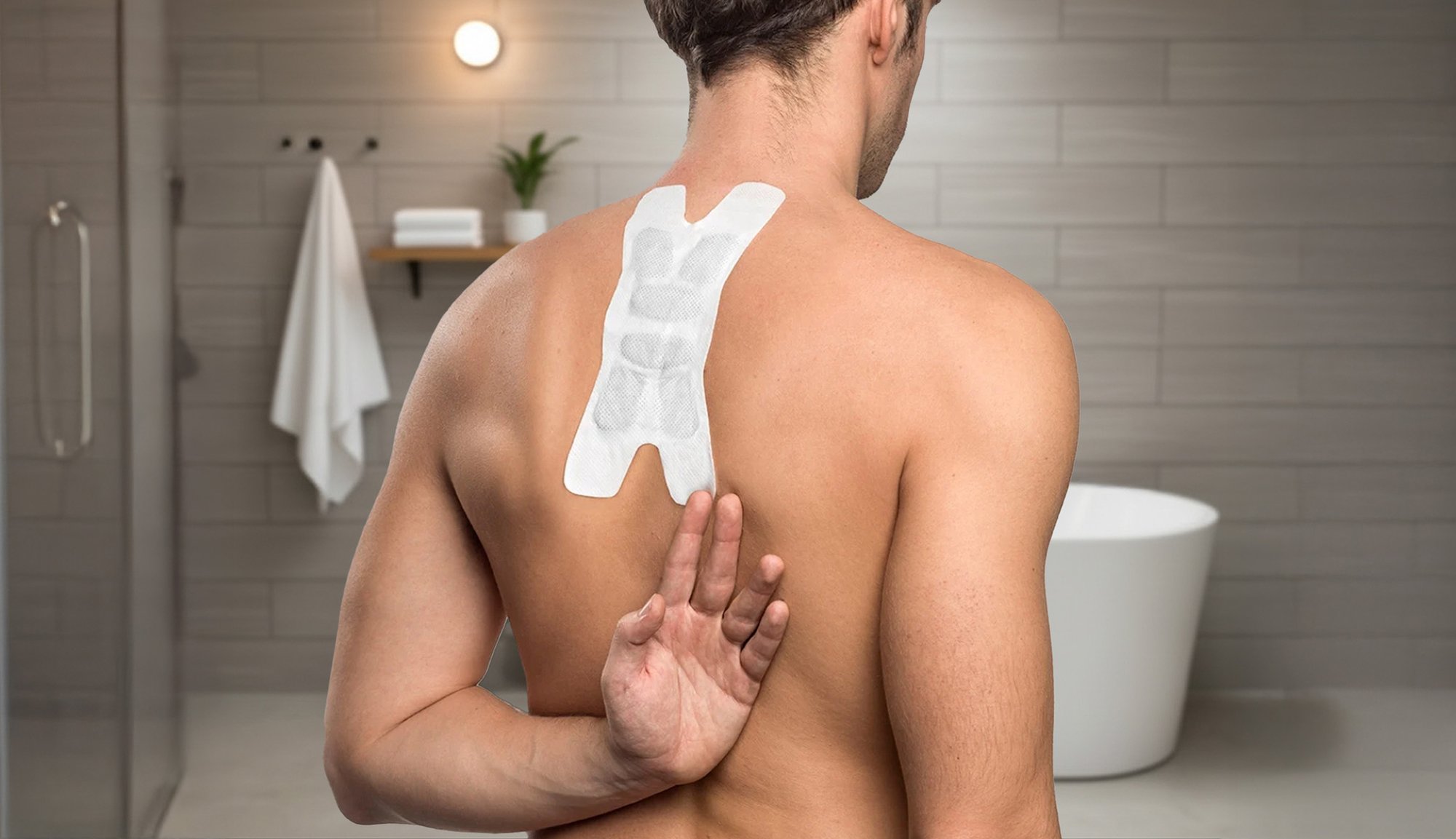 Rückenansicht eines männlichen Oberkörpers im Badezimmer, selbstklebendes Wärmepflaster zwischen den Schulterblättern, linker Unterarm auf dem Rücken, linke Hand berührt Wärmepflaster