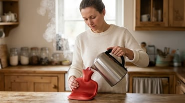 Frau steht in rustikaler Küche und füllt eine rote Wärmflasche mit heißem Wasser aus dem Wasserkocher, ein ideales Hausmittel gegen Ischiasschmerzen