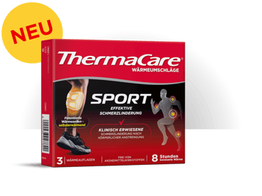 Verpackung der ThermaCare Sport Wärmeumschläge mit aufgedruckten Anwendungsbereichen und Produktvorteilen