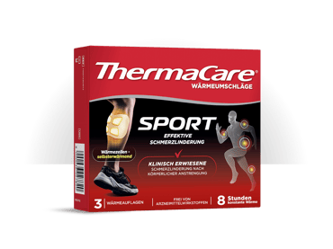 Verpackung der ThermaCare Sport Wärmeumschläge mit aufgedruckten Anwendungsbereichen und Produktvorteilen