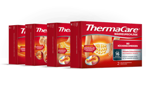 Vier Verpackungen von ThermaCare Wärmeumschläge bei Rückenschmerzen