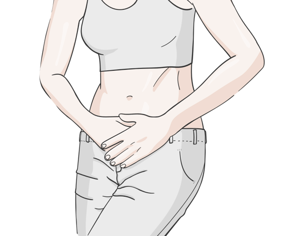 Illustration einer Frau, die sich beide Haende vor den Unterleib haelt, die Beine scheinen leicht verkrampt zu sein
