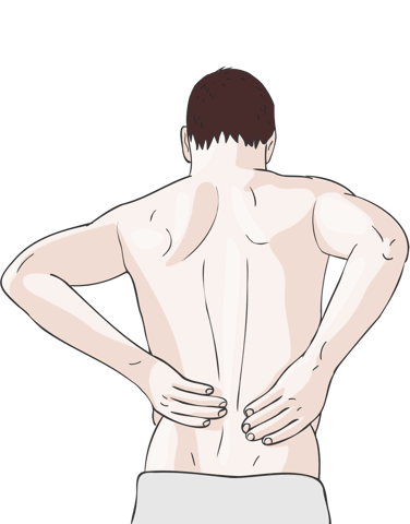 Illustration: Mann mit freiem Oberkoerper haelt sich den unteren Ruecken