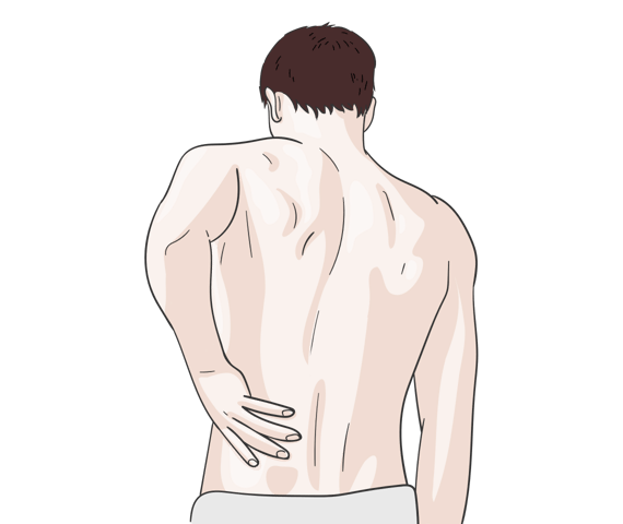 Illustration: Mann mit freiem Oberkoerper haelt sich mit einer Hand den unteren Ruecken