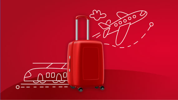 Teaser zur Reisekampagne zeigt einen Koffer, ein Flugzeug und einen Zug