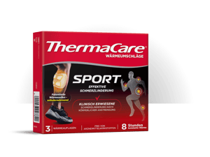 Verpackung der ThermaCare Sport Wärmeumschläge mit aufgedruckten Anwendungsbereichen und Produktvorteilen