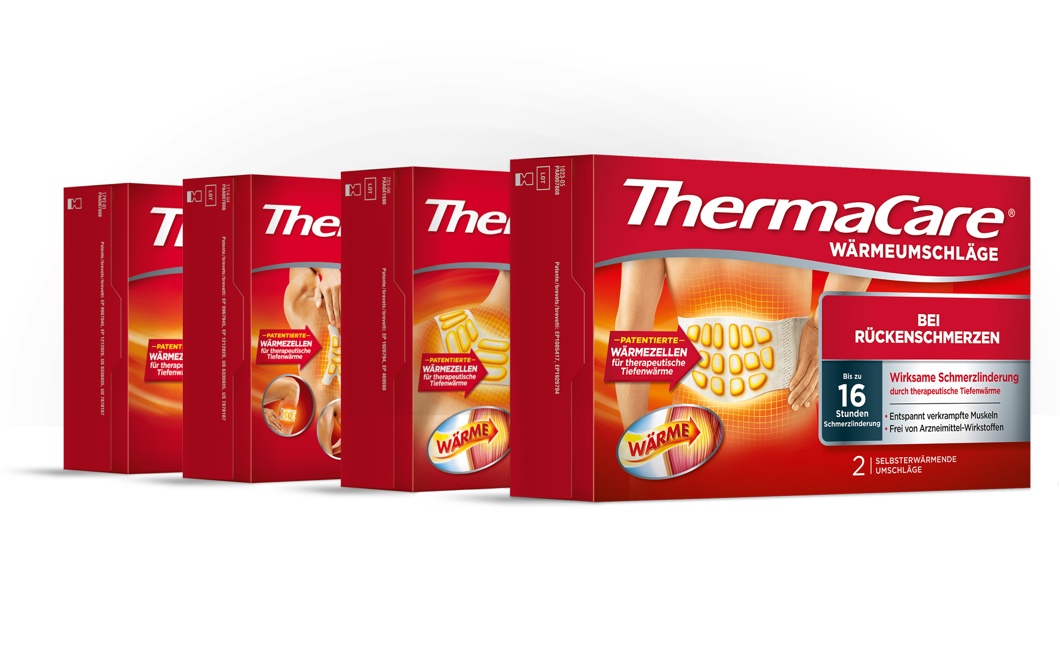 Vier Verpackungen von ThermaCare Wärmeumschläge bei Rückenschmerzen