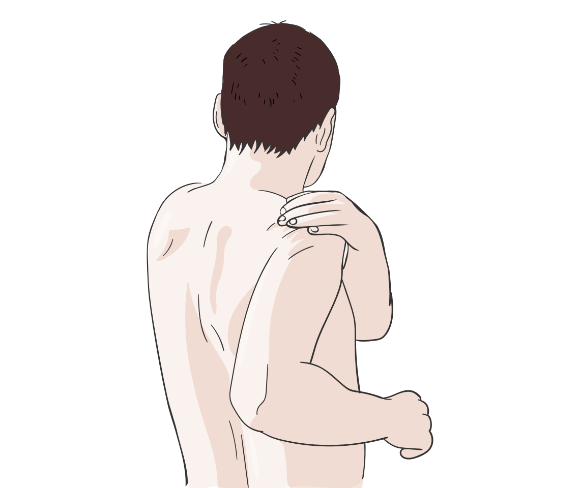 Illustration eines bruenetten, oberkoerperfreien Mannes der sich mit seiner linken Hand auf die rechte Schulter fasst  