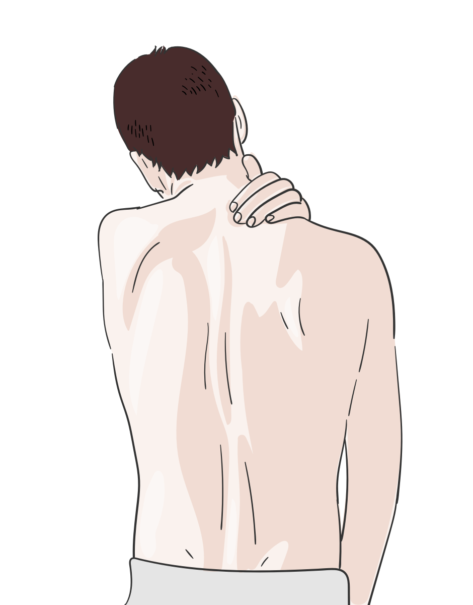 Illustration eines Mannes mit dunklen Haaren und oberkoerperfrei mit einer Hand den Nackenbereich haelt