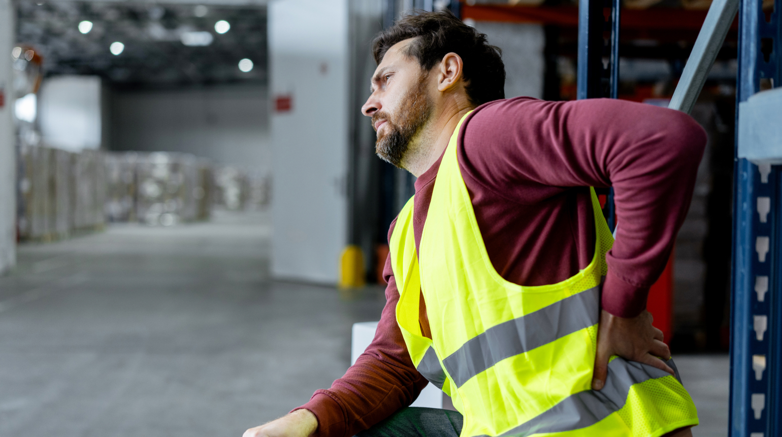 Seitenansicht eines Mannes in Arbeitskleidung. Er sitzt in einer Lagerhalle und hält sich mit der linken Hand den seitlichen unteren Rücken.